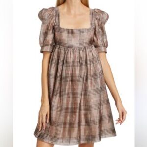 En Saison Plaid Organza Checkered Puff Sleeve Midi Dress Large